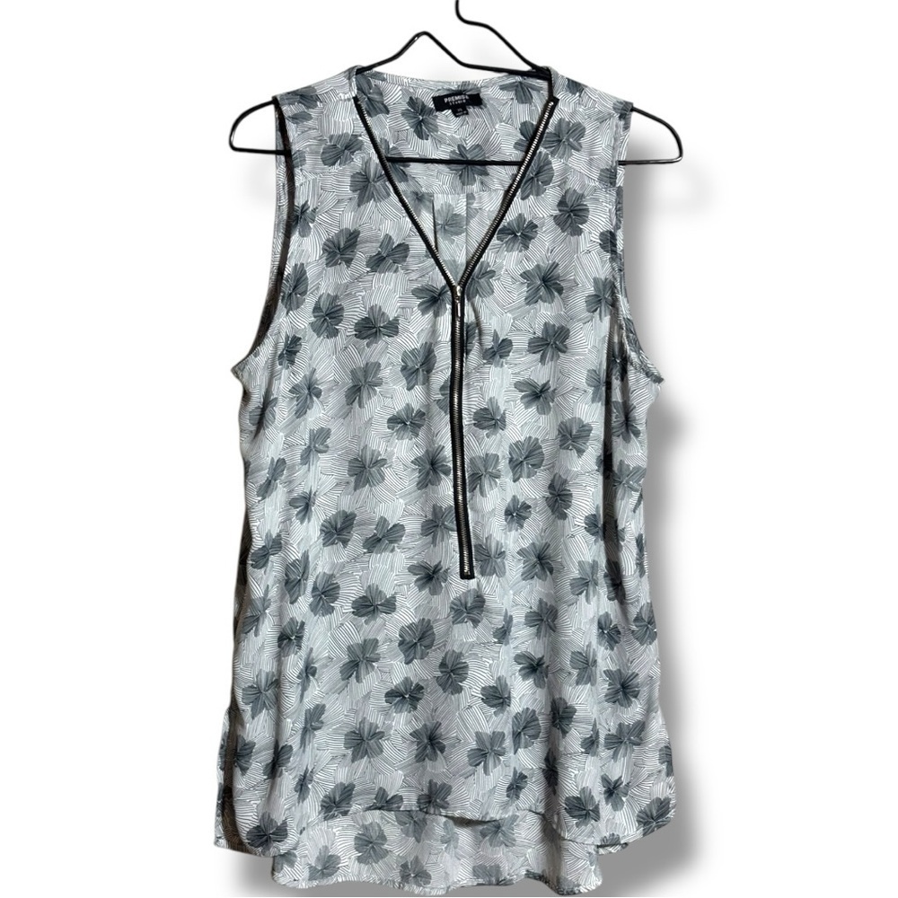 Premise Blue/Gray Floral Geometric Print High-Low 1/2 Silver Zip Front Blouse - Picture 10 of 16